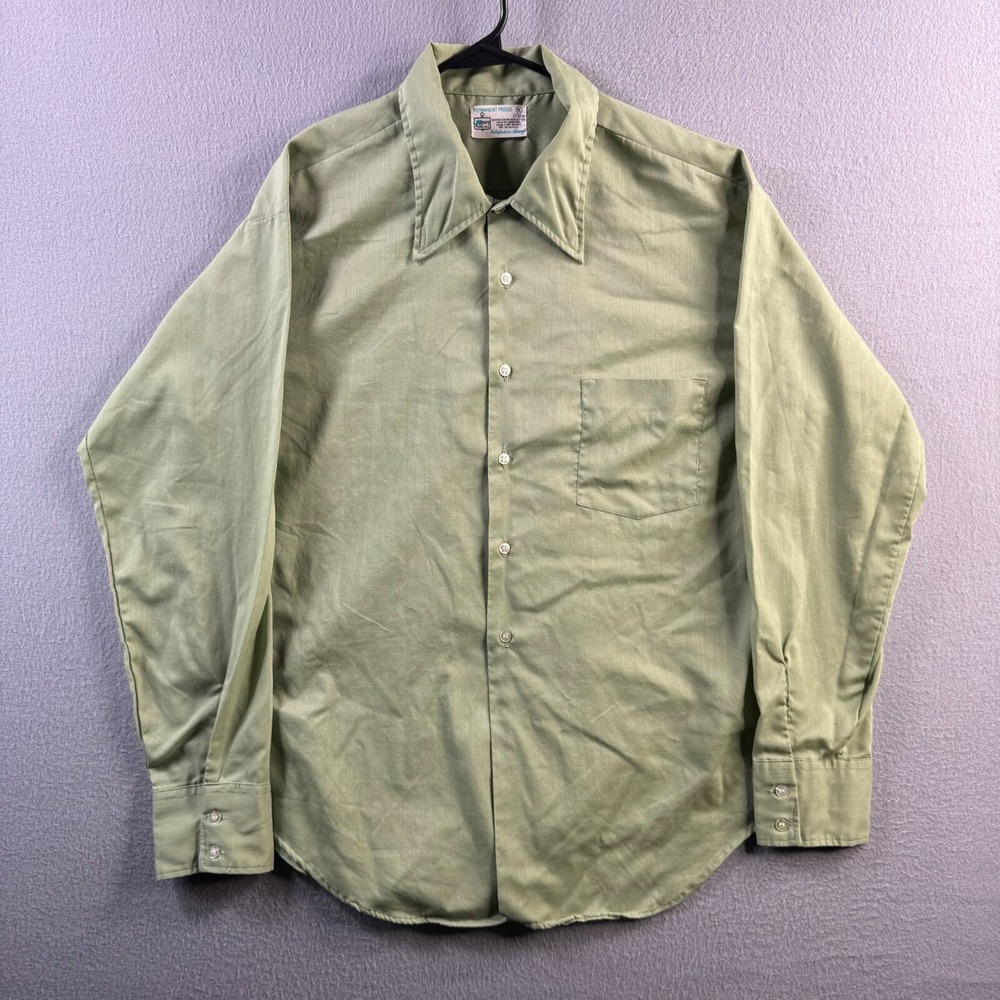 Vintage KMart Shirt Mens XL Green 70s Button Up Long Sleeve Perm Pressed